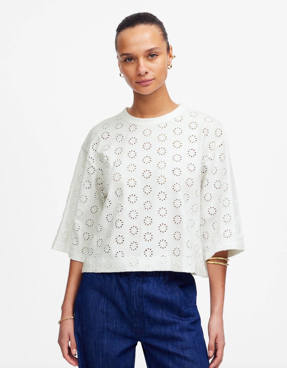 Madewell Embroidered Wide Sleeve Boxy Tee White Cotton Oversized XS NWT